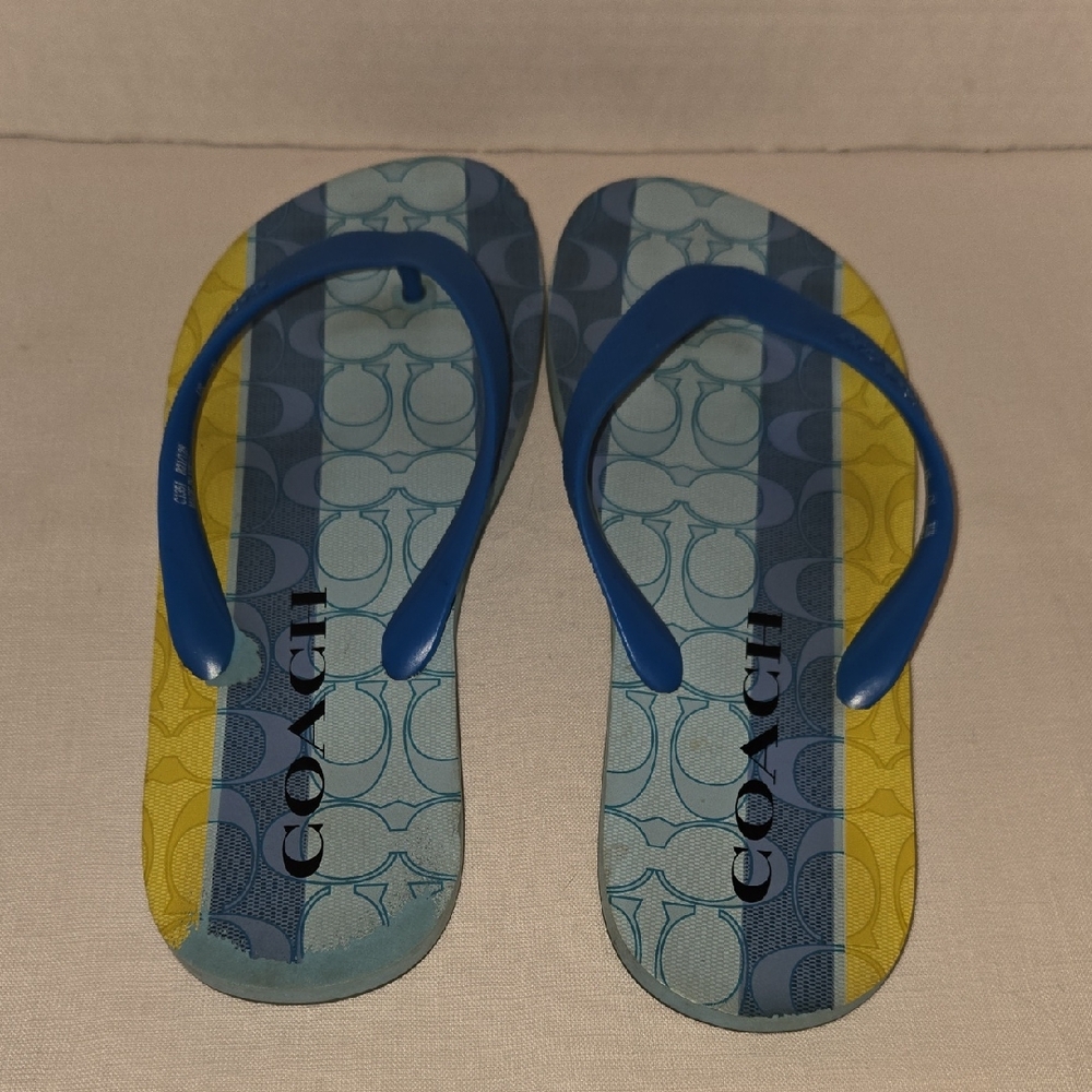 Coach Womens Blue and Yellow Signature Stripe Flip Flops Sz 8